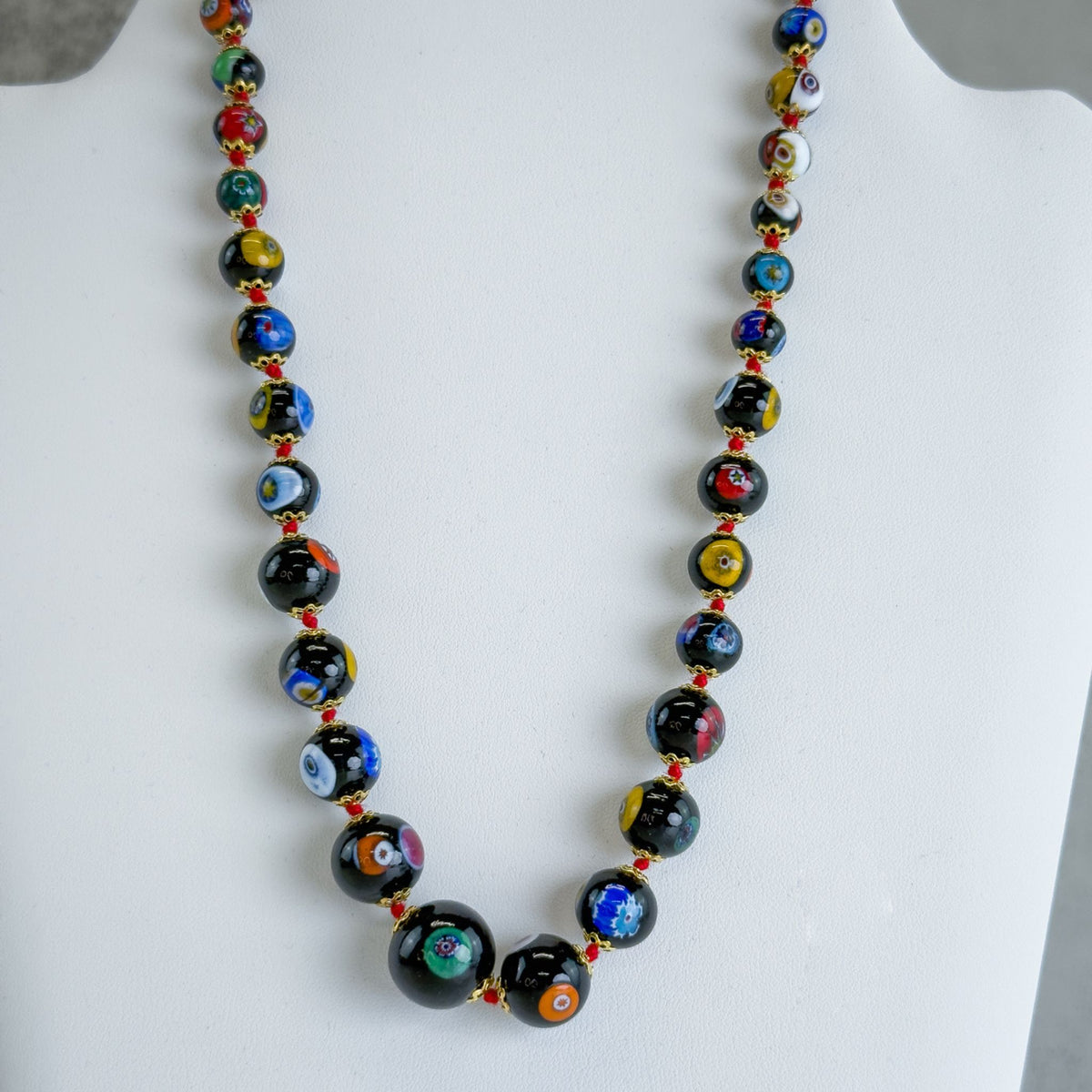 Beaded Millefiori Necklace - Black - Murano Glass