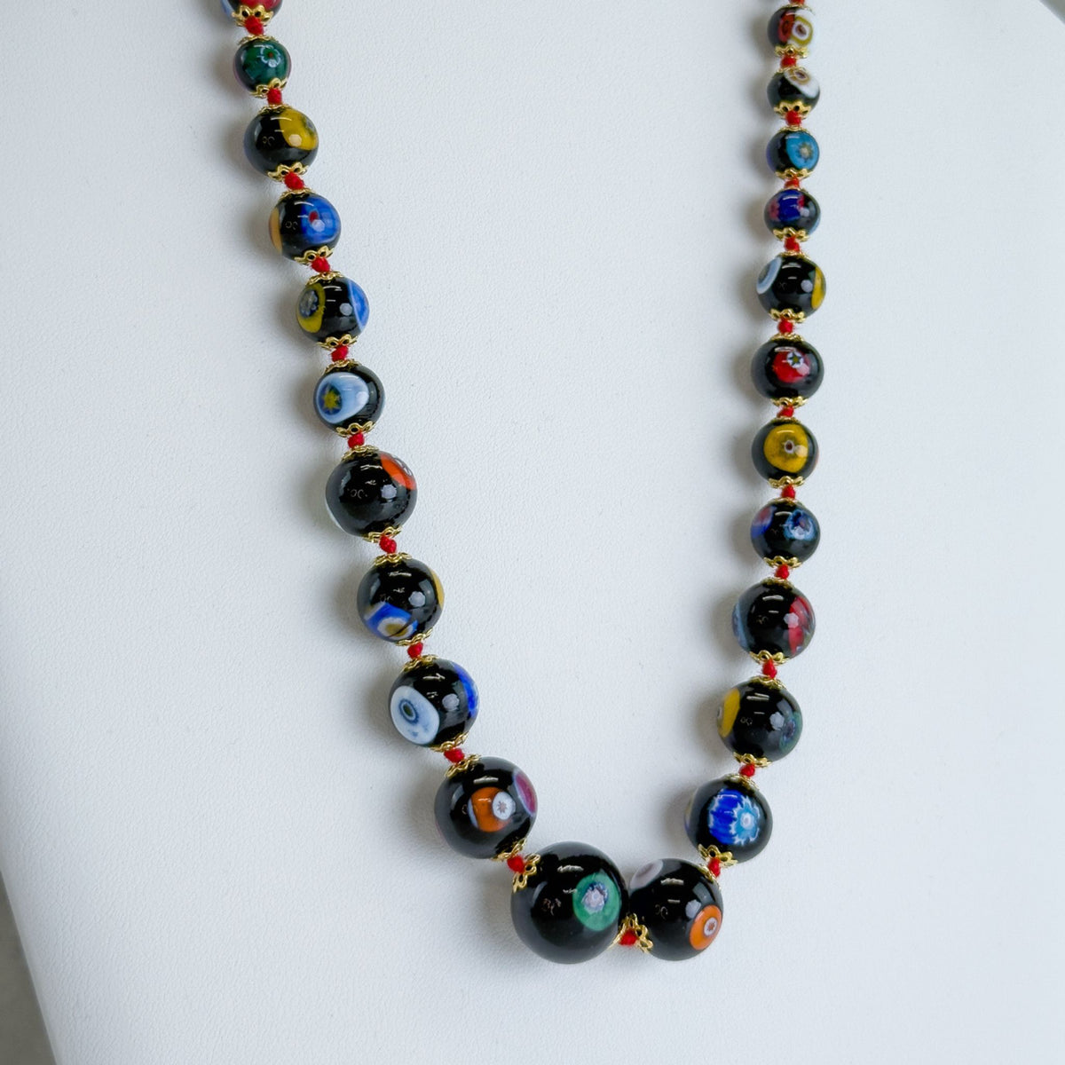 Beaded Millefiori Necklace - Black - Murano Glass