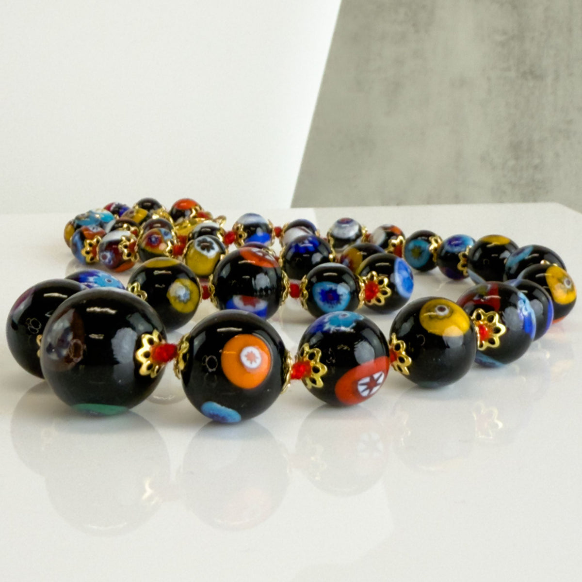 Beaded Millefiori Necklace - Black - Murano Glass
