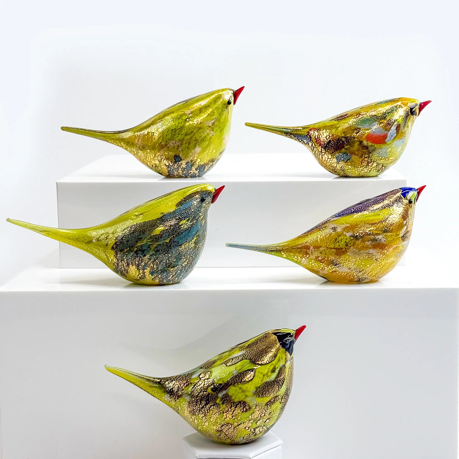 Hand-blown Italian Murano glass Chirpie bird figurine by Pietro, featuring vibrant colors and intricate craftsmanship.