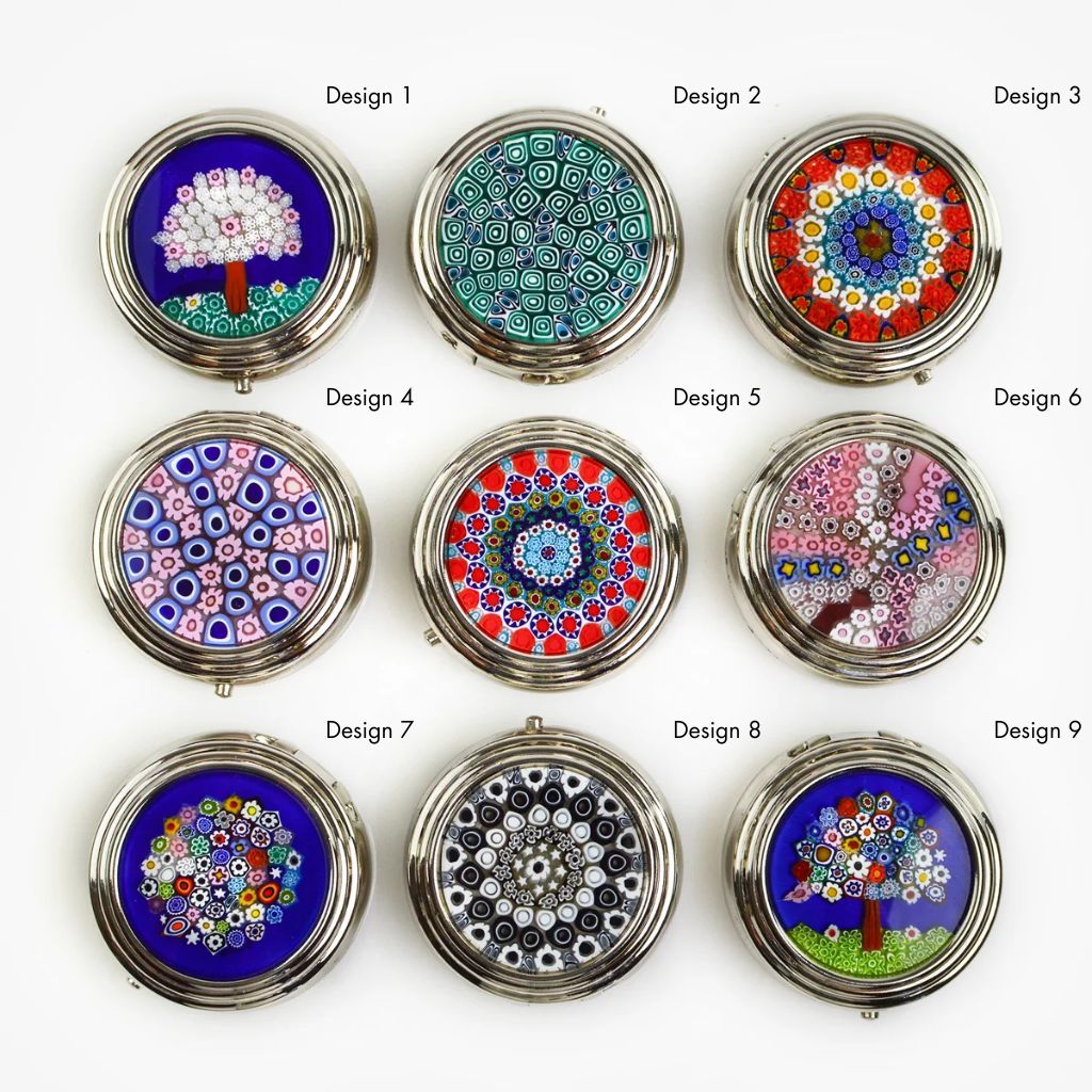 Colorful Millefiori pillboxes by My Italian Decor, handmade in Italy, featuring intricate floral patterns in various vibrant colors.