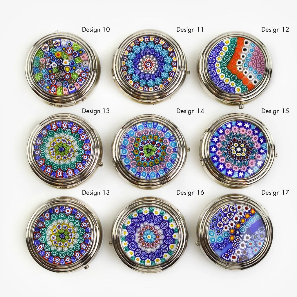 Colorful handmade Millefiori pillboxes by My Italian Decor featuring intricate floral patterns, made in Italy.