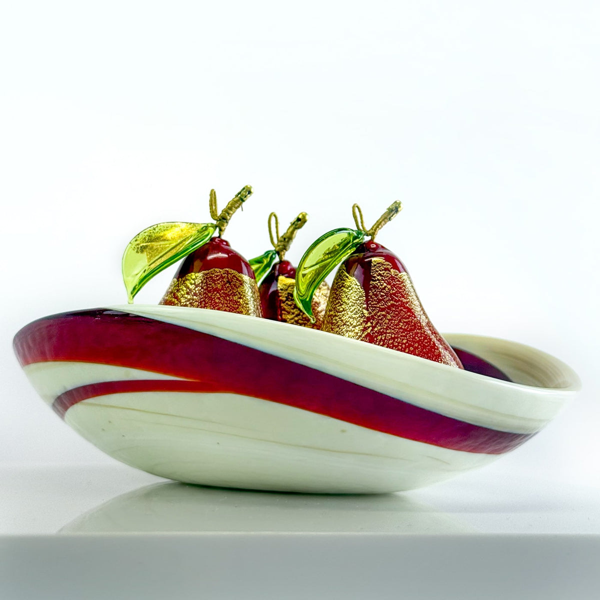 Murano Glass Red Pears in Bowl Set, Made in Italy