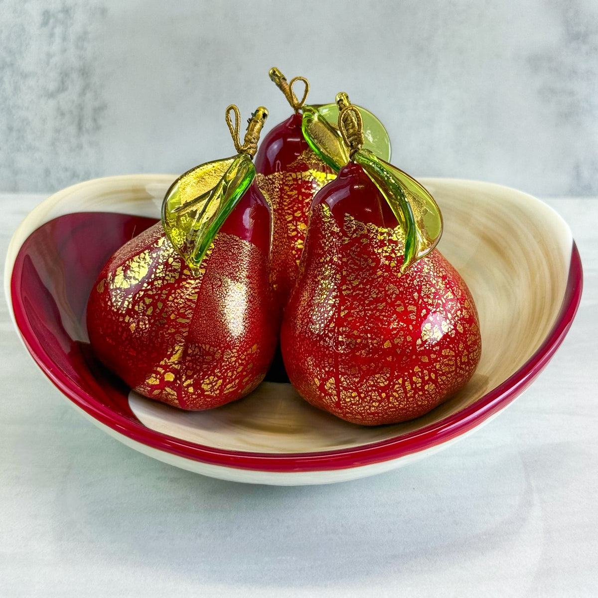 Murano Glass Red Pears in Bowl Set, Made in Italy