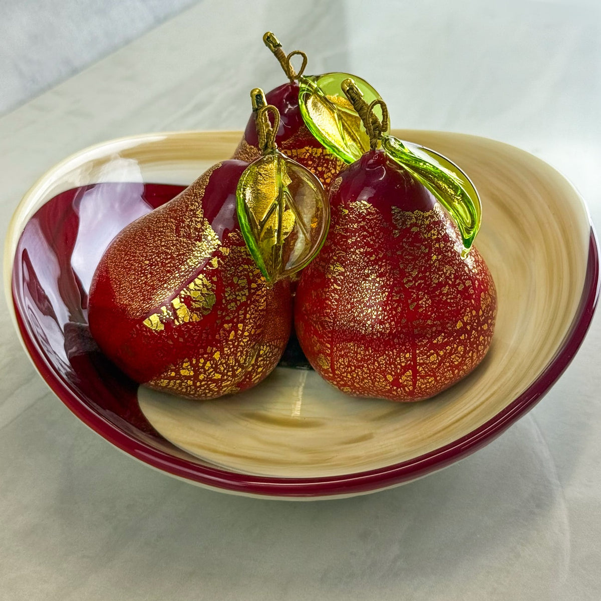 Murano Glass Red Pears in Bowl Set, Made in Italy