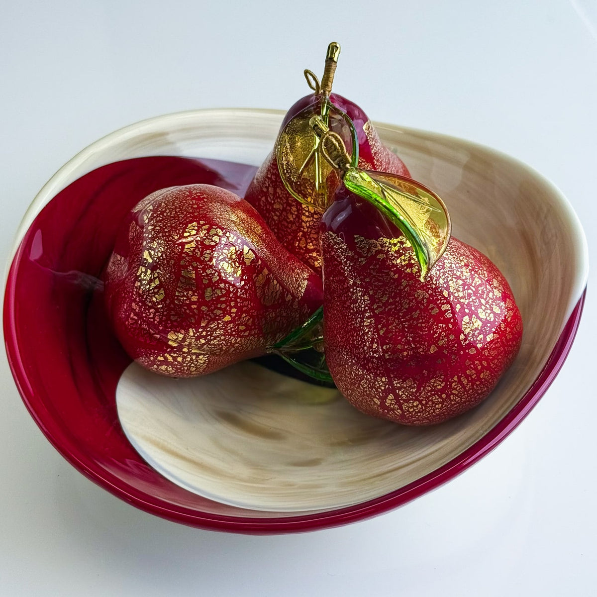 Murano Glass Red Pears in Bowl Set, Made in Italy