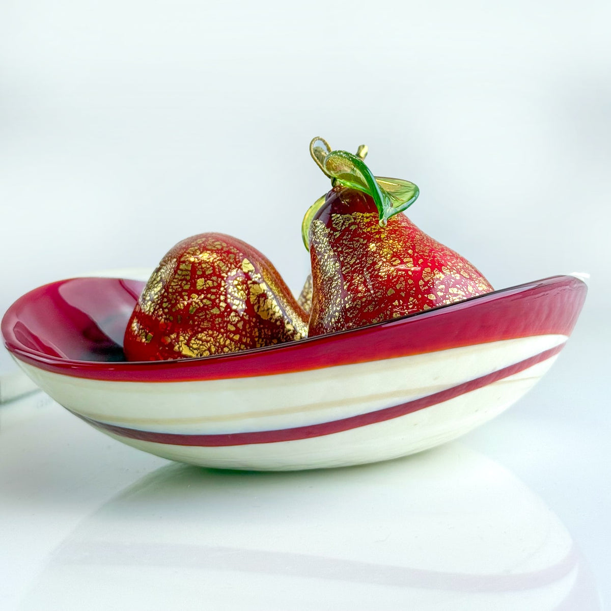 Murano Glass Red Pears in Bowl Set, Made in Italy