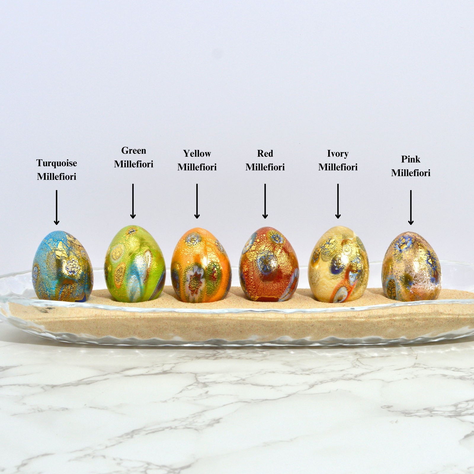 Colorful Murano glass egg figurine by My Italian Decor, handcrafted Italian glass art for decorative display.