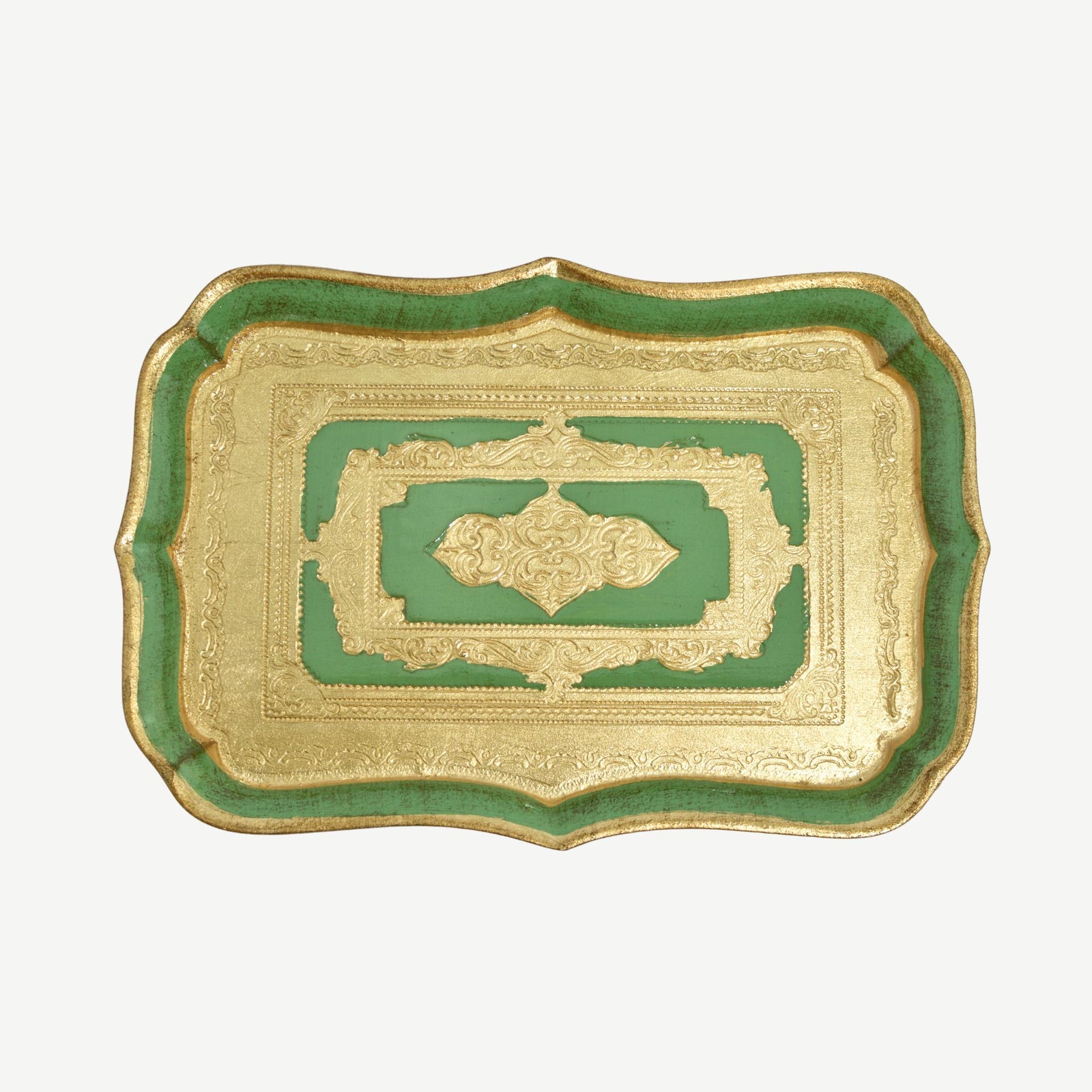 Decorative Florentine carved wood rectangle mini tray with scalloped edges, featuring layered colorful designs by My Italian Decor.
