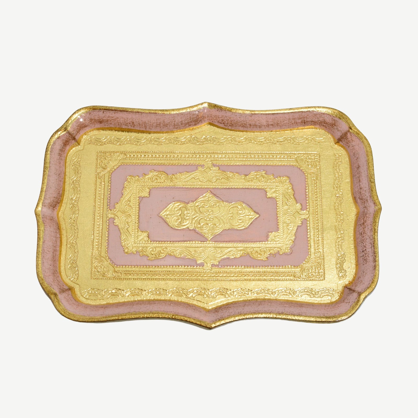 Decorative Florentine carved wood rectangle mini tray with scalloped edges, featuring layered colorful designs by My Italian Decor.