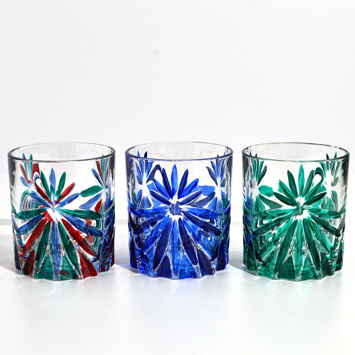 Starburst Short Drink Glasses, Hand-Painted Italian Crystal, Sapphire Blue