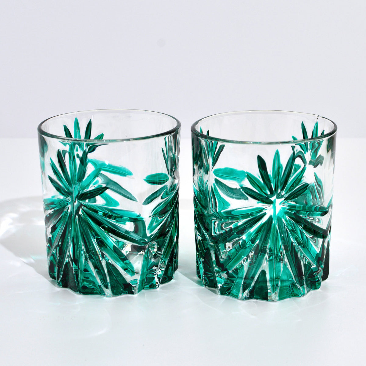 Starburst Short Drink Glasses, Hand-Painted Italian Crystal, Emerald Green