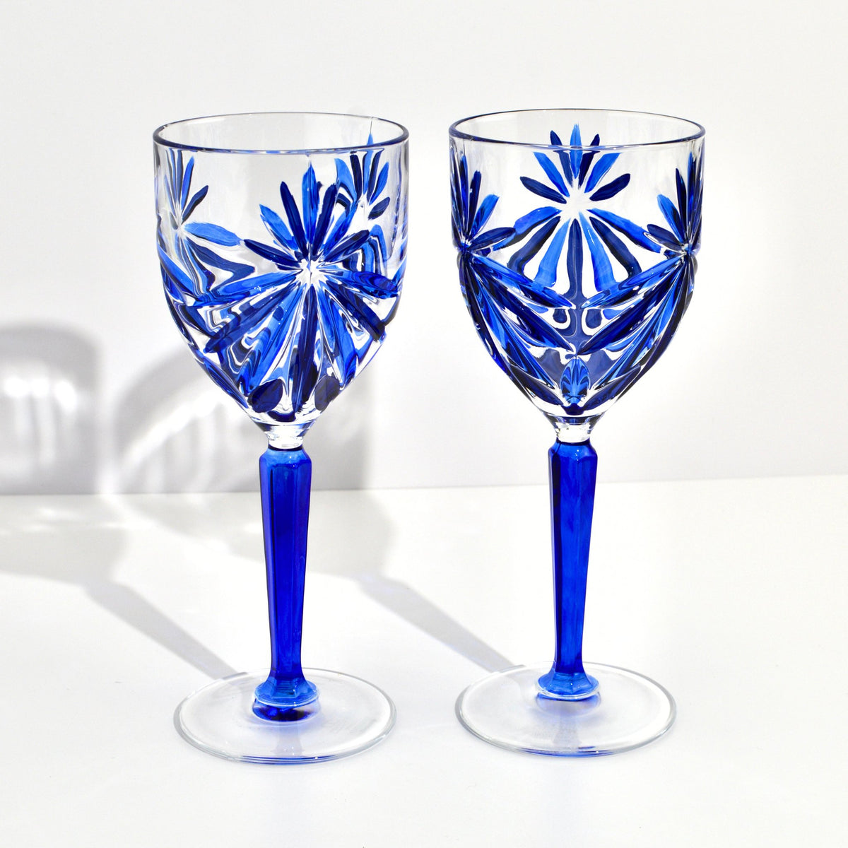 Starburst Wine Glasses, Hand-Painted Italian Crystal Goblets, Sapphire Blue