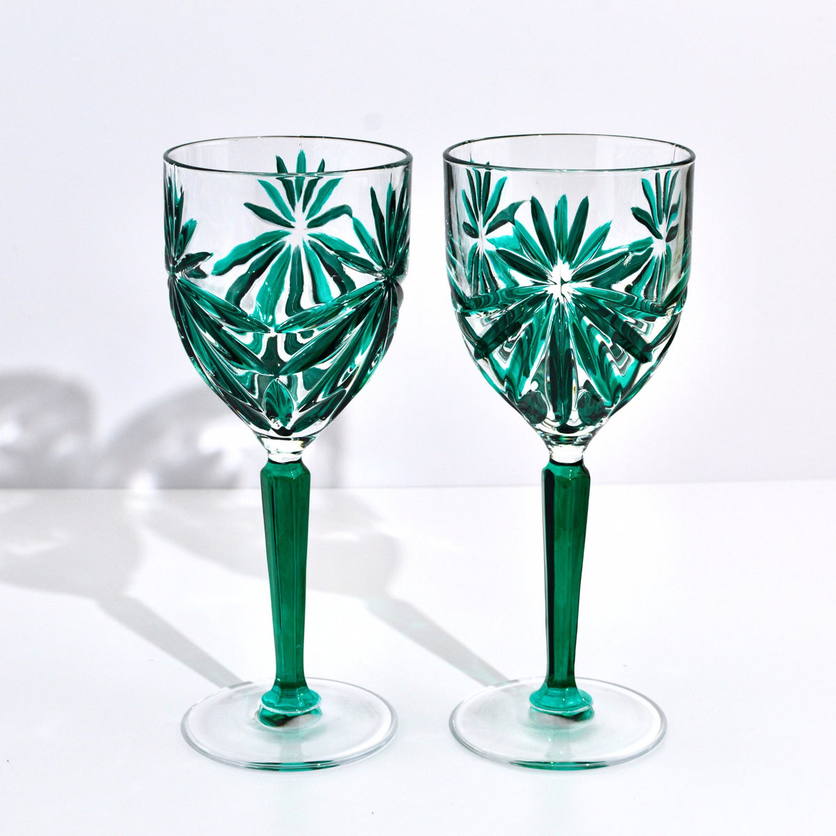 Starburst Wine Glasses, Hand-Painted Italian Crystal Goblets, Emerald Green