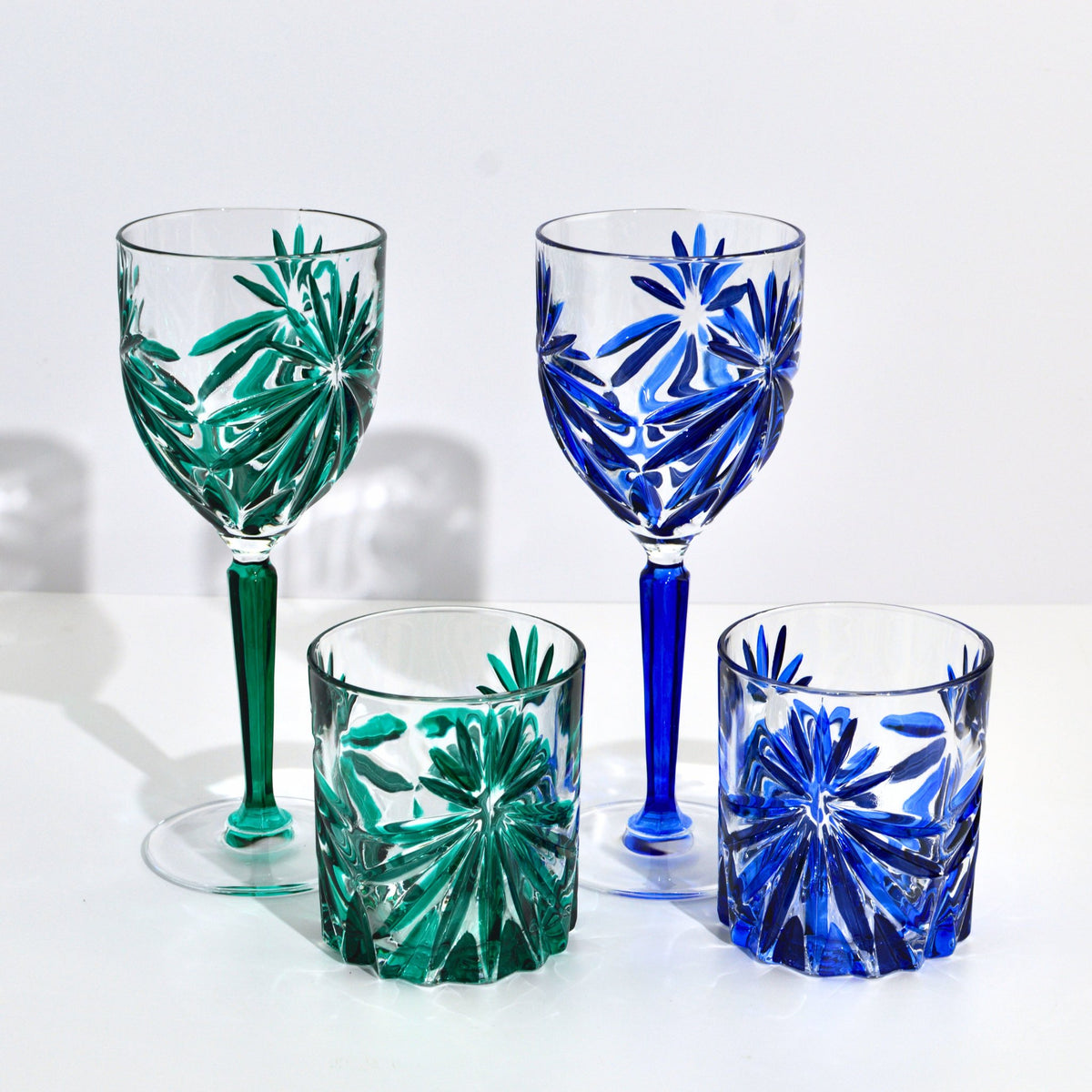 Starburst Short Drink Glasses, Hand-Painted Italian Crystal, Sapphire Blue