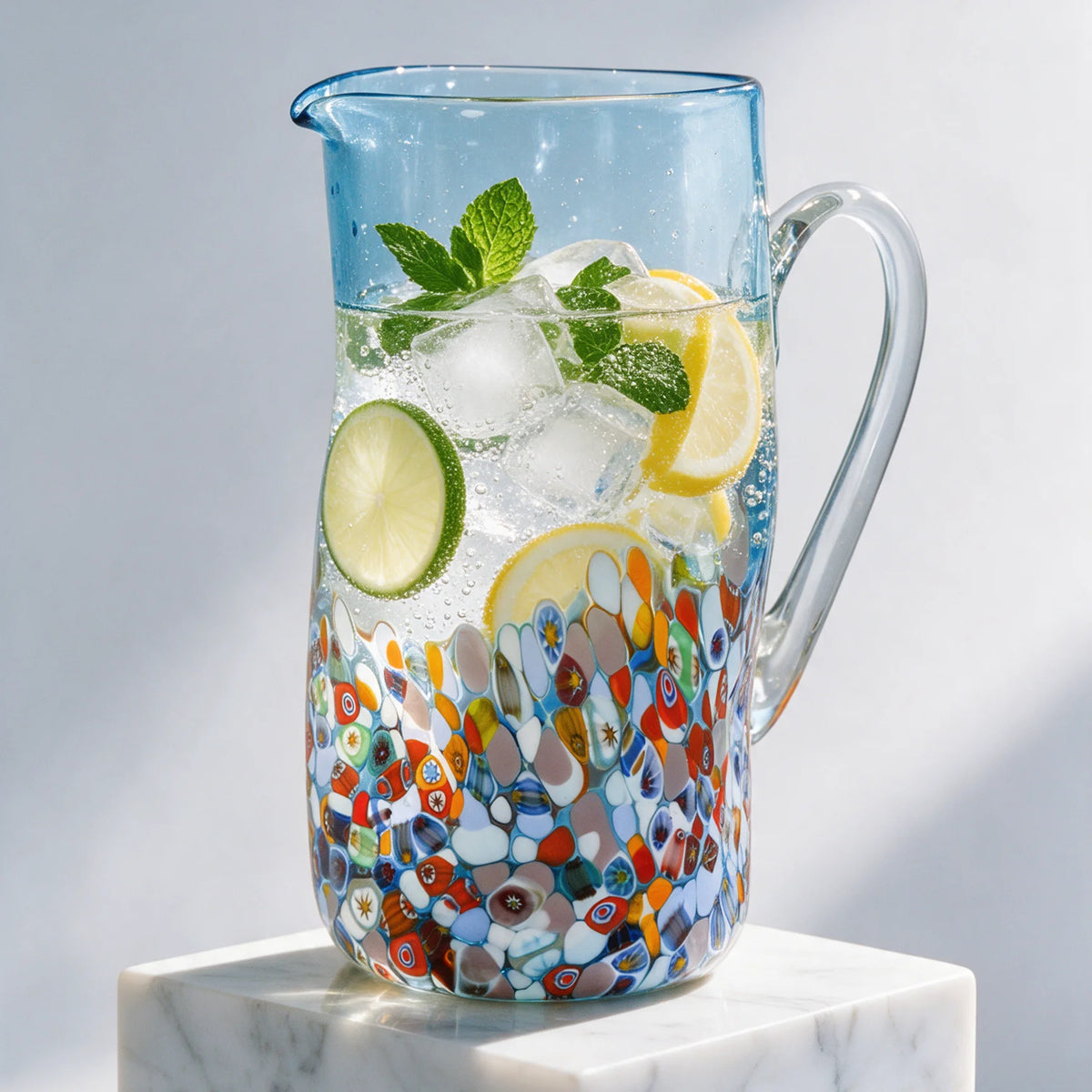 Set of Murano glass drink tumblers and pitcher from DZ's San Marco Collection, featuring colorful, handcrafted Venetian glassware.