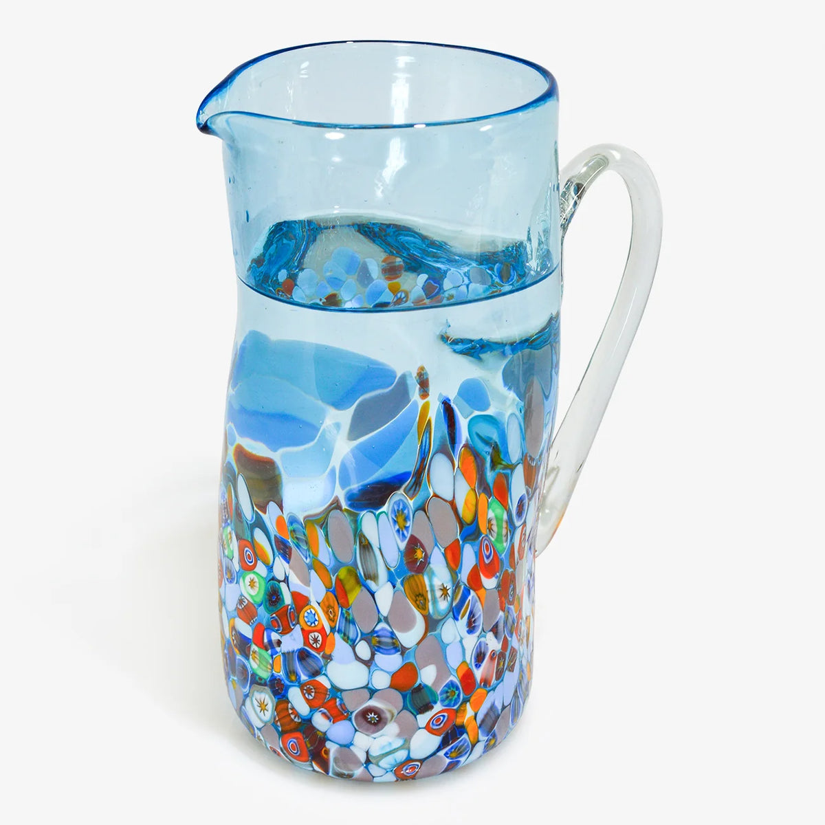 Set of Murano glass San Marco collection drink tumblers and pitcher by DZ, featuring vibrant, handcrafted Venetian glassware.