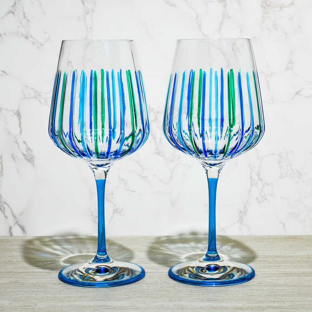 Italian Crystal Set of 2 Spritz Wine Glass, Blue/Green, Made in Italy