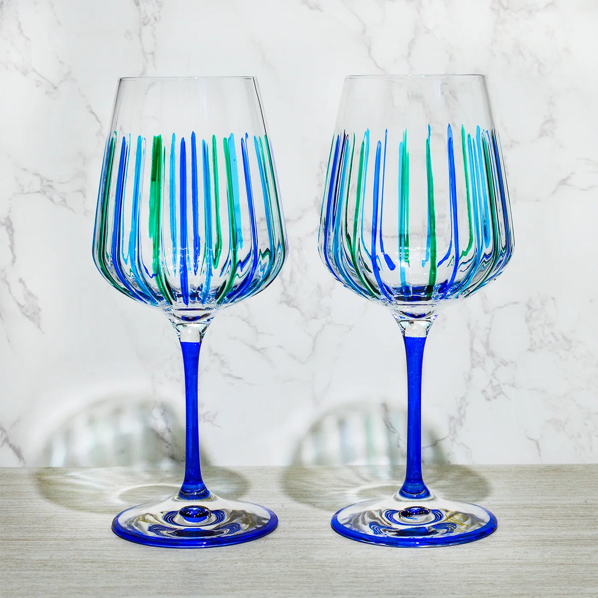 Italian Crystal Set of 2 Spritz Wine Glass, Blue/Green, Made in Italy