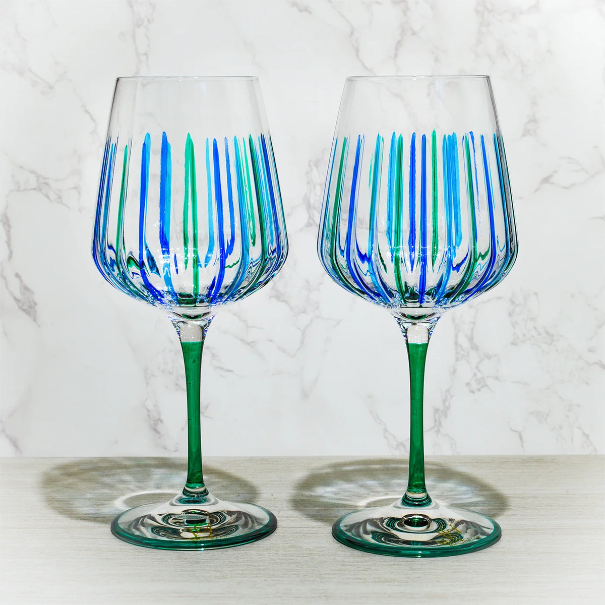Italian Crystal Set of 2 Spritz Wine Glass, Blue/Green, Made in Italy