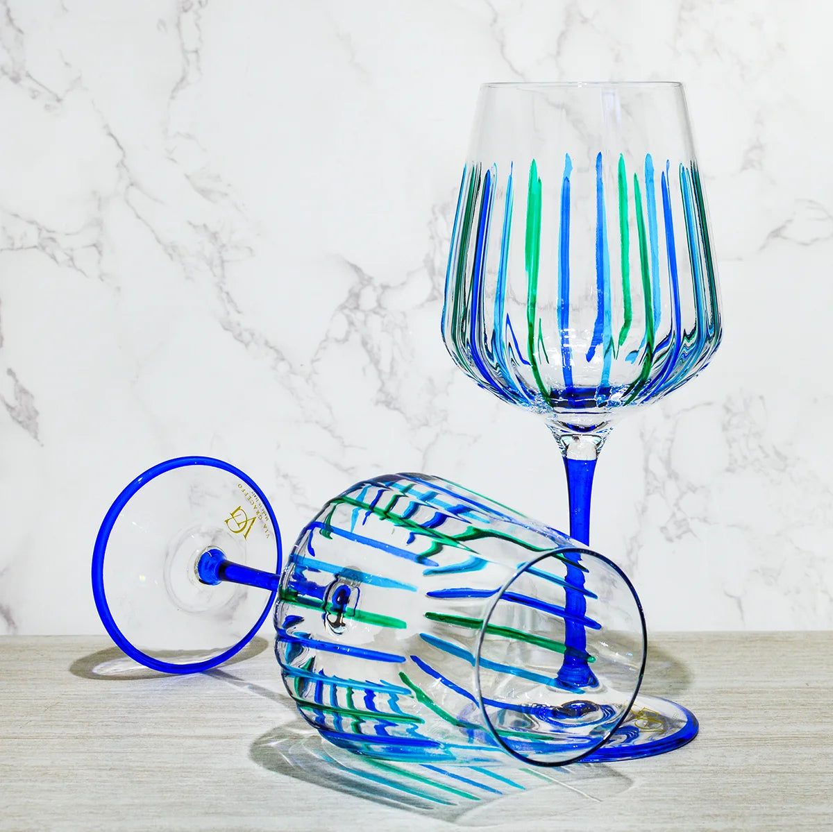 Italian Crystal Set of 2 Spritz Wine Glass, Blue/Green, Made in Italy