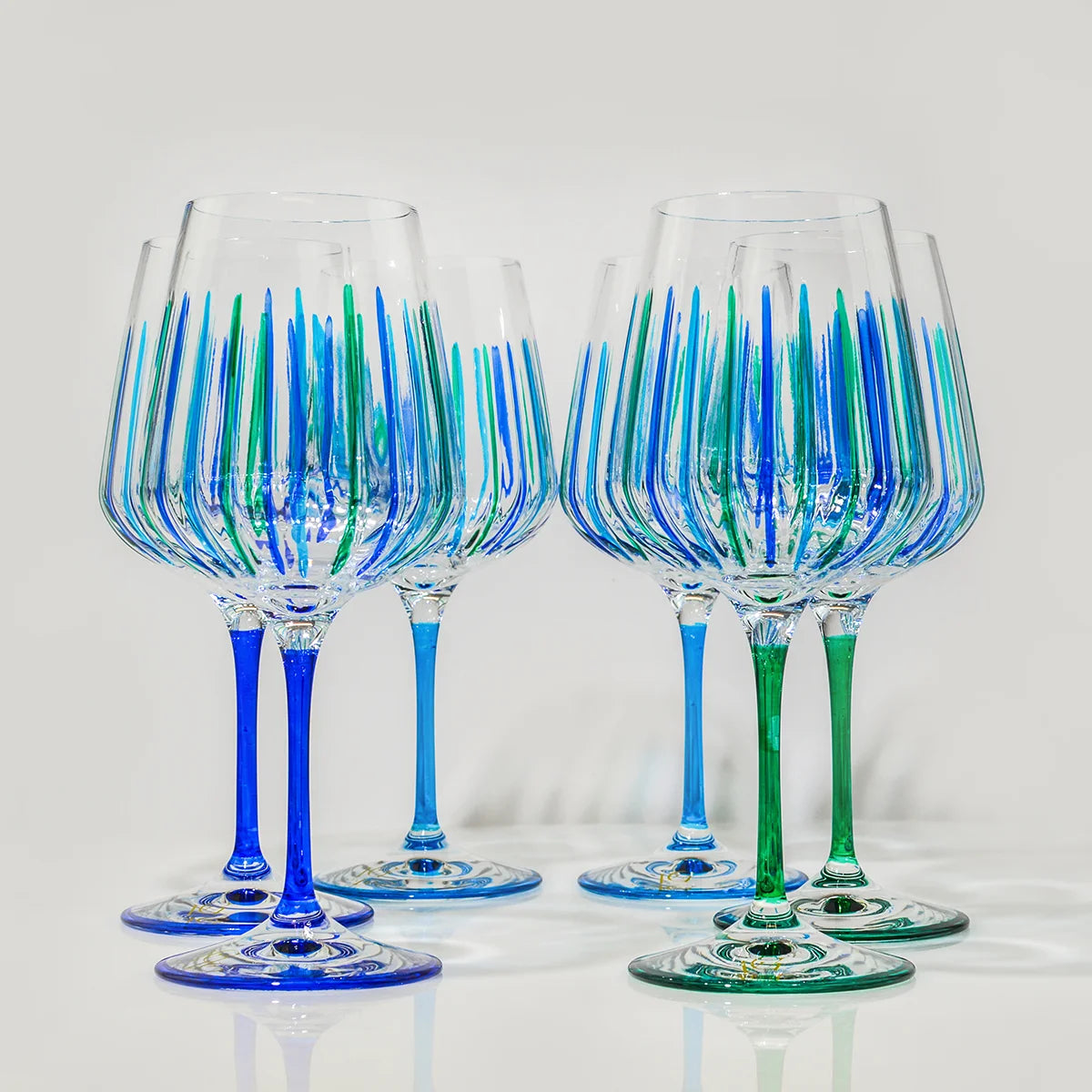 Italian Crystal Set of 2 Spritz Wine Glass, Blue/Green, Made in Italy