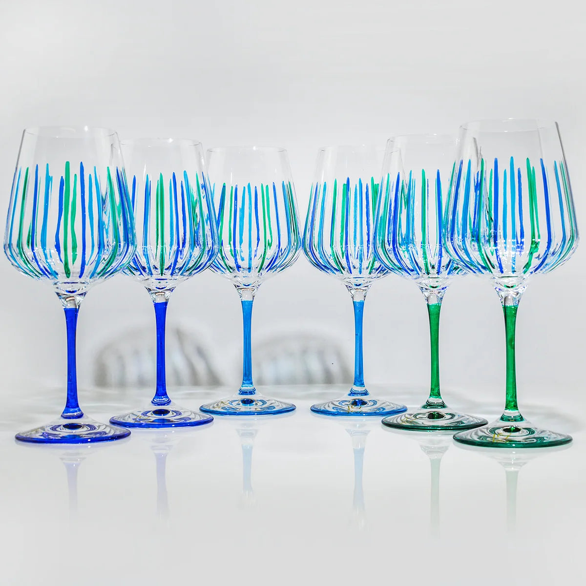 Italian Crystal Set of 2 Spritz Wine Glass, Blue/Green, Made in Italy