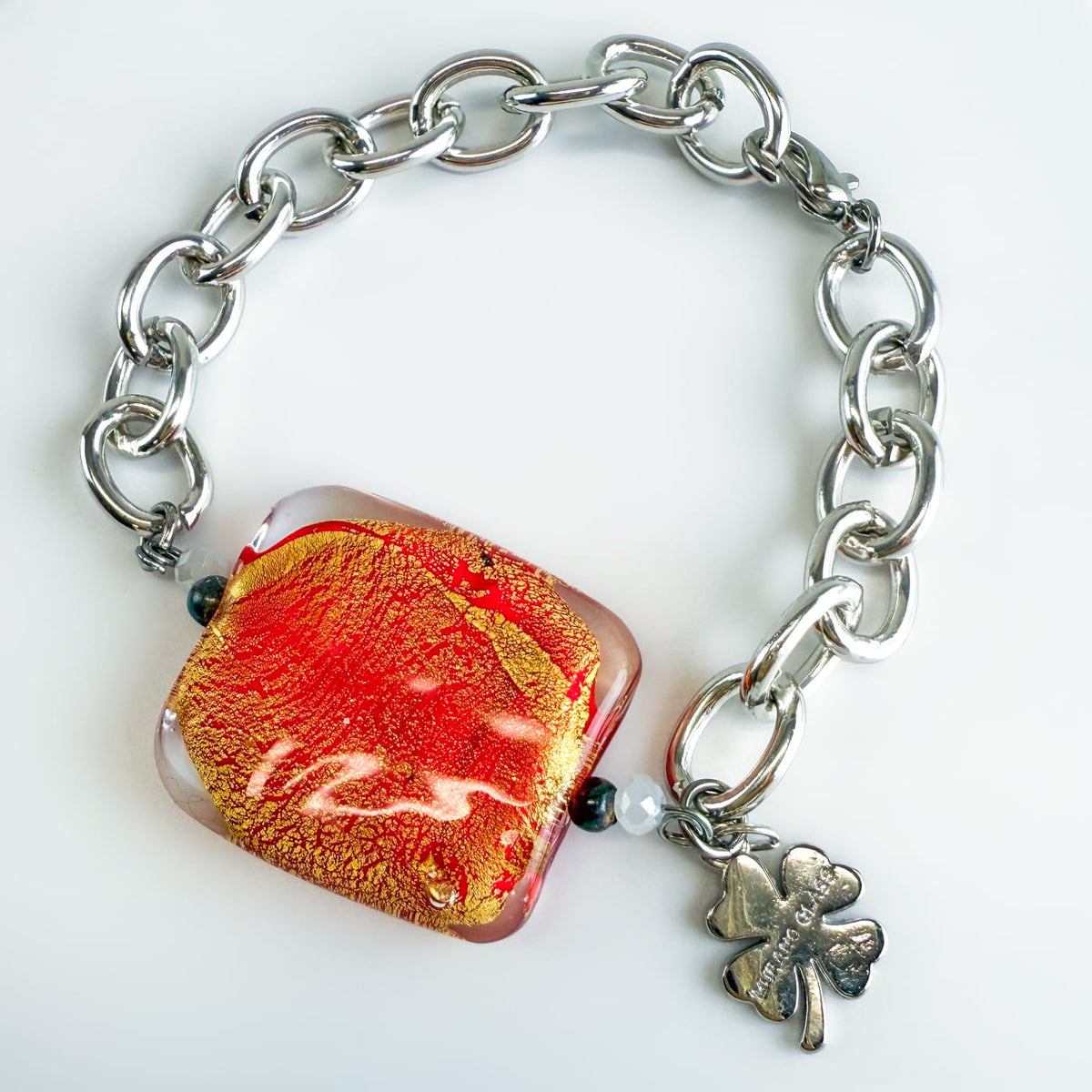 Silver Murano glass square bead bracelet with charm, Italian-made jewelry set by My Italian Decor, detailed close-up image.