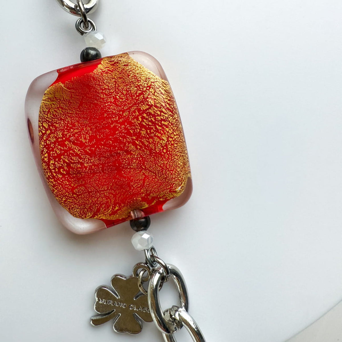 Silver Murano glass square bead bracelet with charm, crafted in Italy, part of jewelry sets by My Italian Decor.