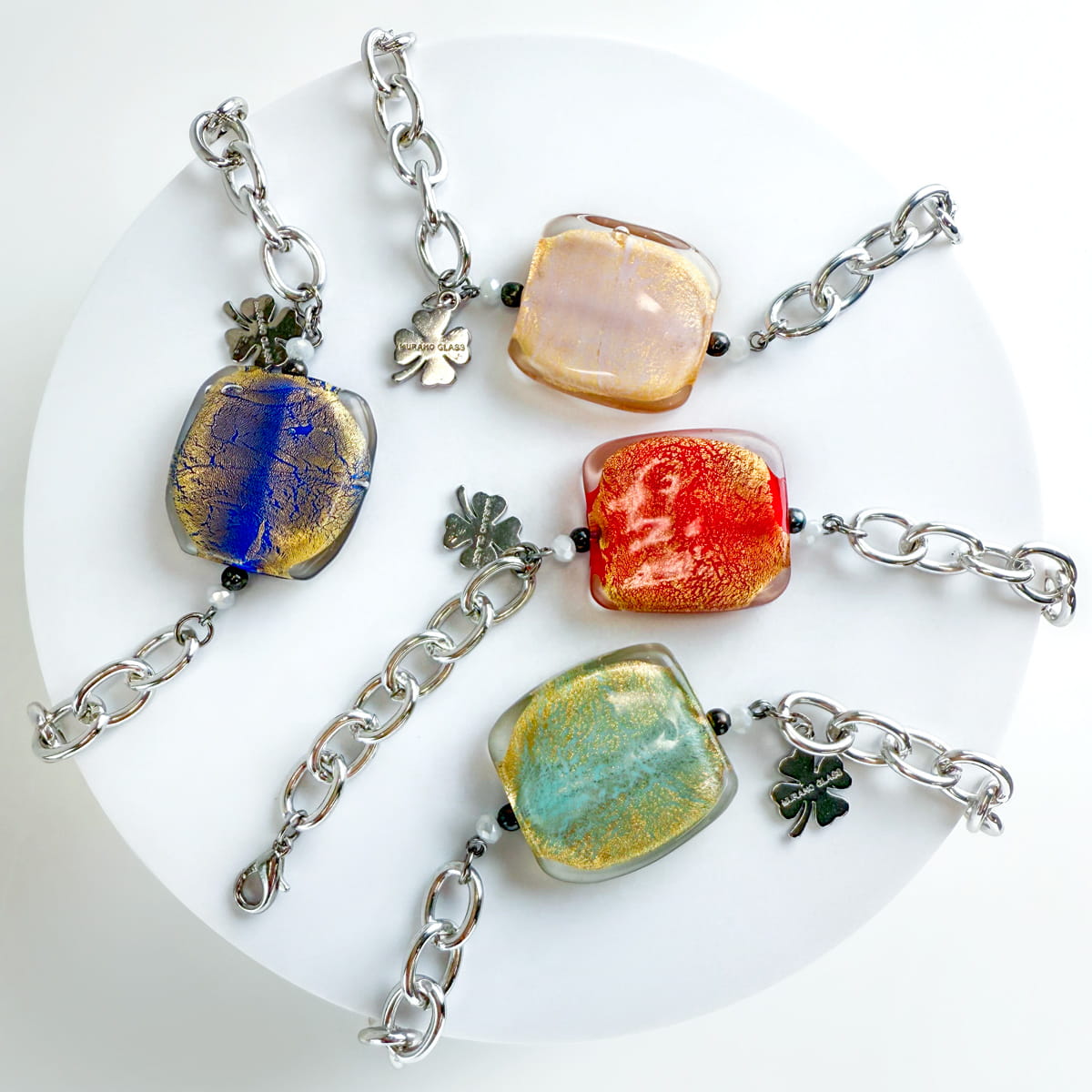 Silver Murano glass square bead bracelet with charm, made in Italy, featuring elegant jewelry set design by My Italian Decor.