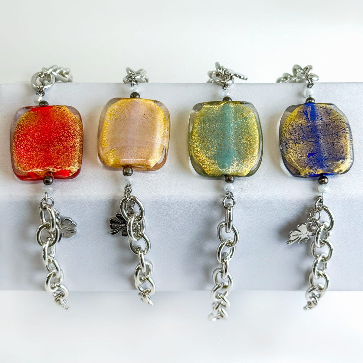 Silver Murano glass square bead bracelet with charm, handmade in Italy, part of jewelry sets by My Italian Decor.