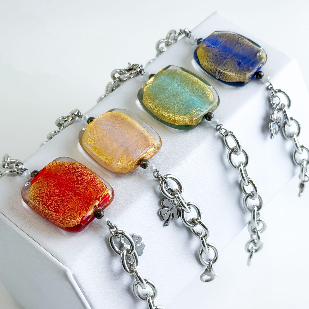 Silver Murano glass square bead bracelet with charm, made in Italy, part of jewelry sets by My Italian Decor.