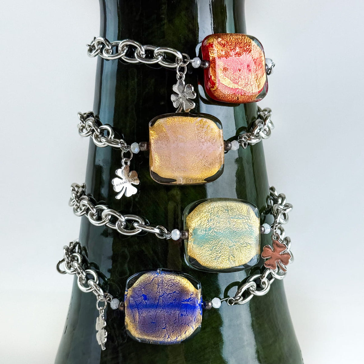 Silver Murano glass square bead bracelet with charm, crafted in Italy, part of jewelry sets by My Italian Decor.