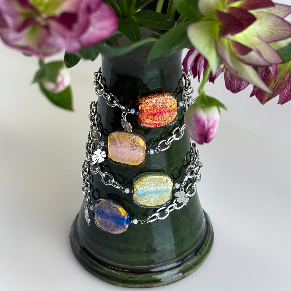 Silver Murano glass square bead bracelet with charm, made in Italy, part of jewelry sets by My Italian Decor.