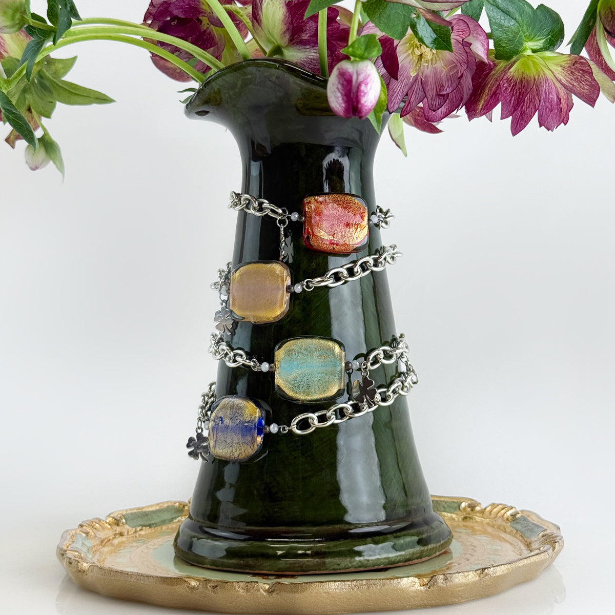 Silver Murano glass square bead bracelet with charm, stylish jewelry set made in Italy by My Italian Decor.