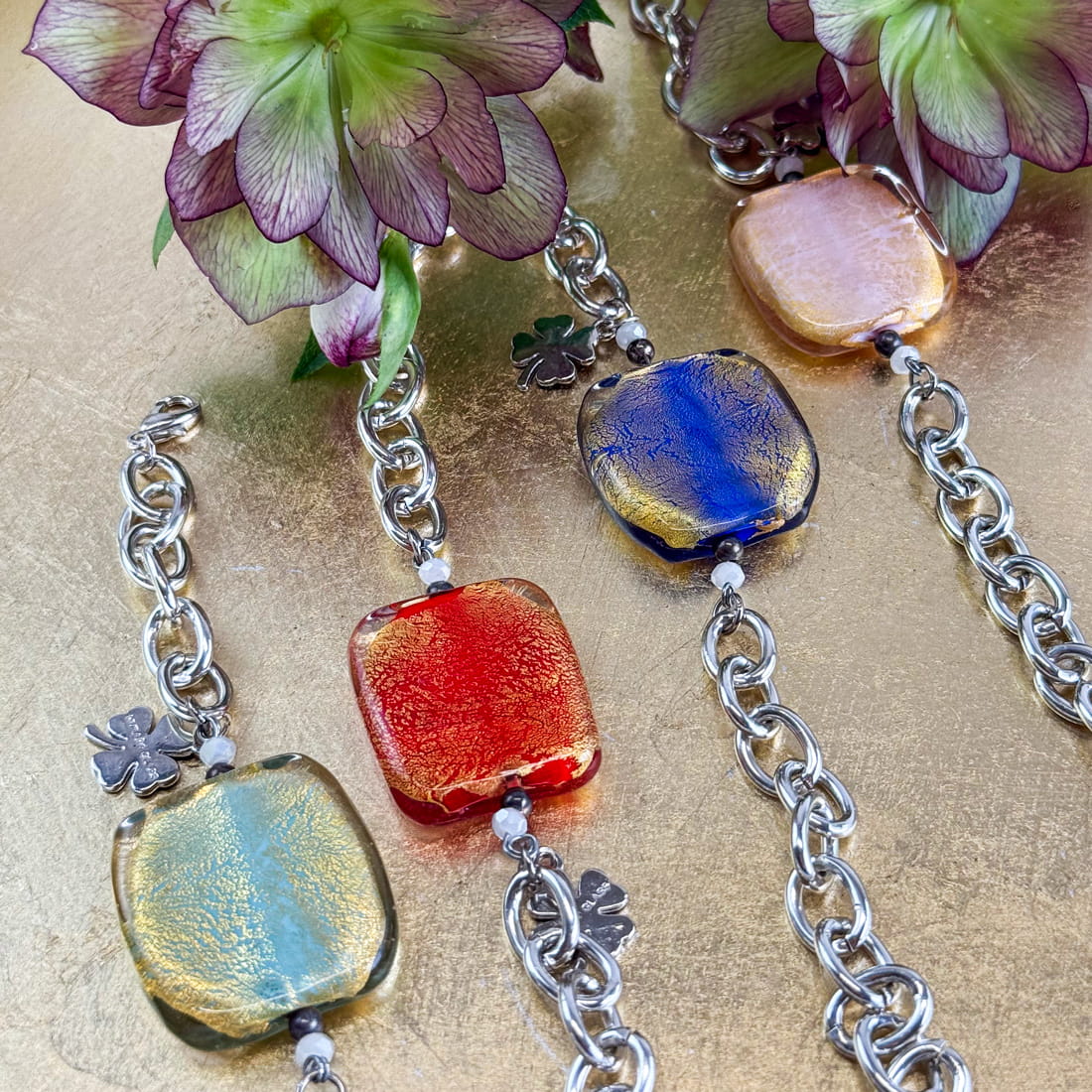 Silver Murano glass square bead bracelet with charm, crafted in Italy, featuring elegant jewelry set design by My Italian Decor.