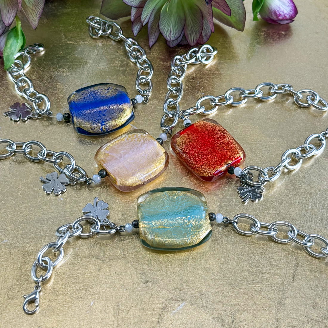 Silver Murano glass square bead bracelet with charm, crafted in Italy, part of jewelry sets by My Italian Decor.