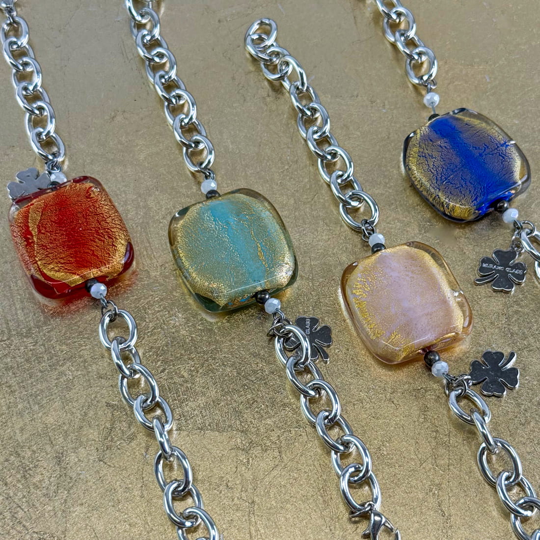 Silver Murano glass square bead bracelet with charm, handmade in Italy, part of jewelry sets by My Italian Decor.