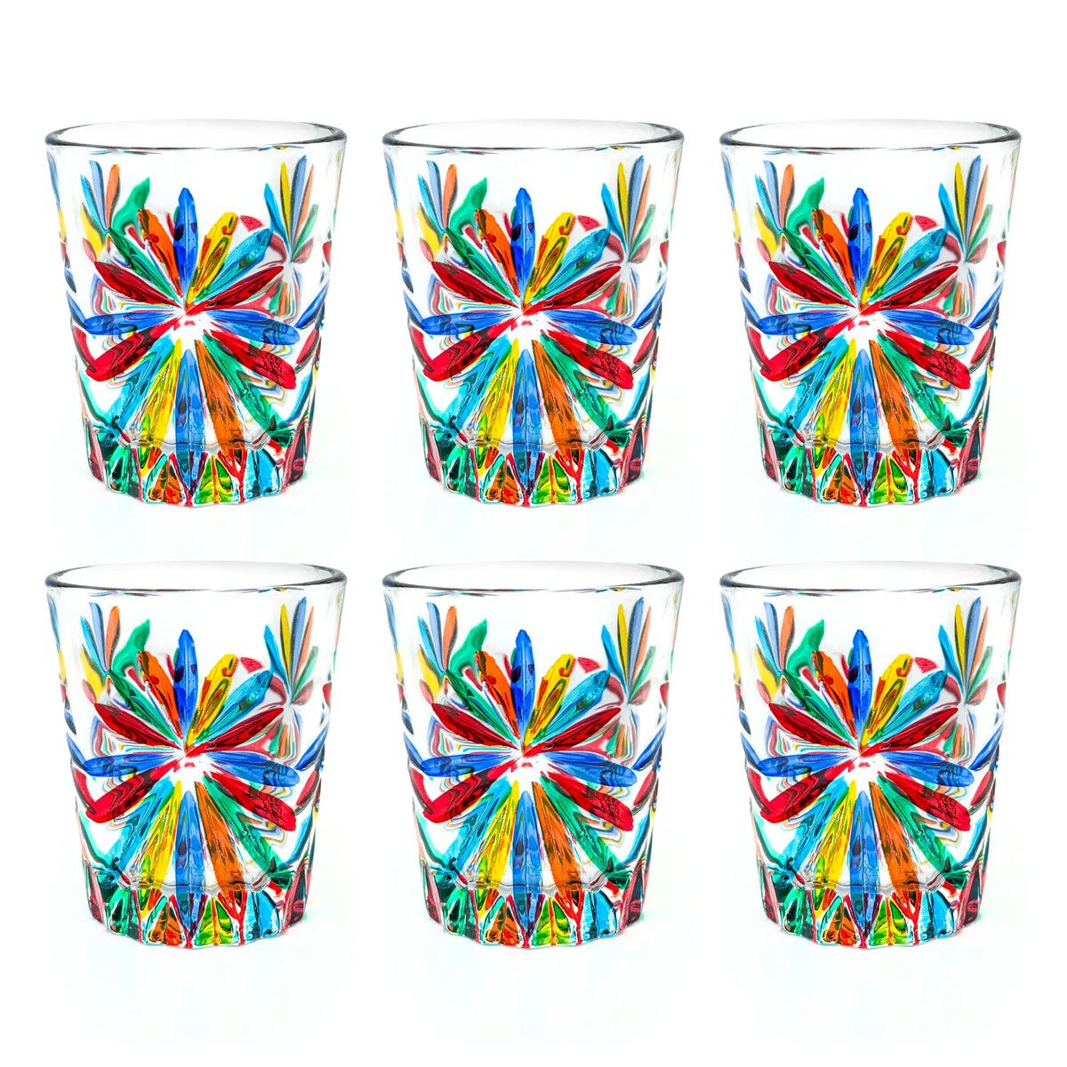 Set of six Italian crystal shot glasses featuring starburst design, made by MyItalianDecor, showcasing elegant craftsmanship and clear glass.