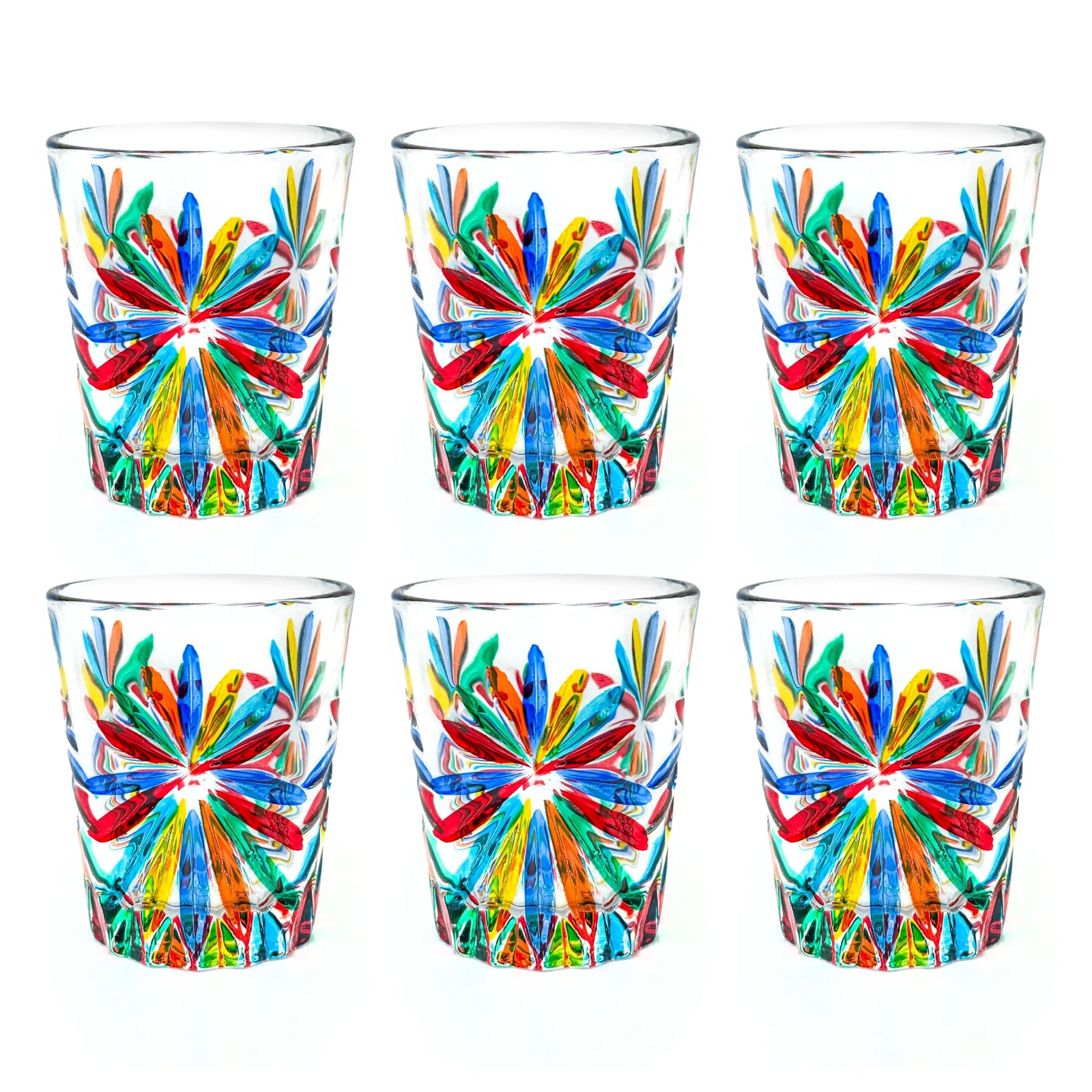 Set of six Italian crystal shot glasses featuring starburst design, made by MyItalianDecor, showcasing elegant craftsmanship and clear glass.