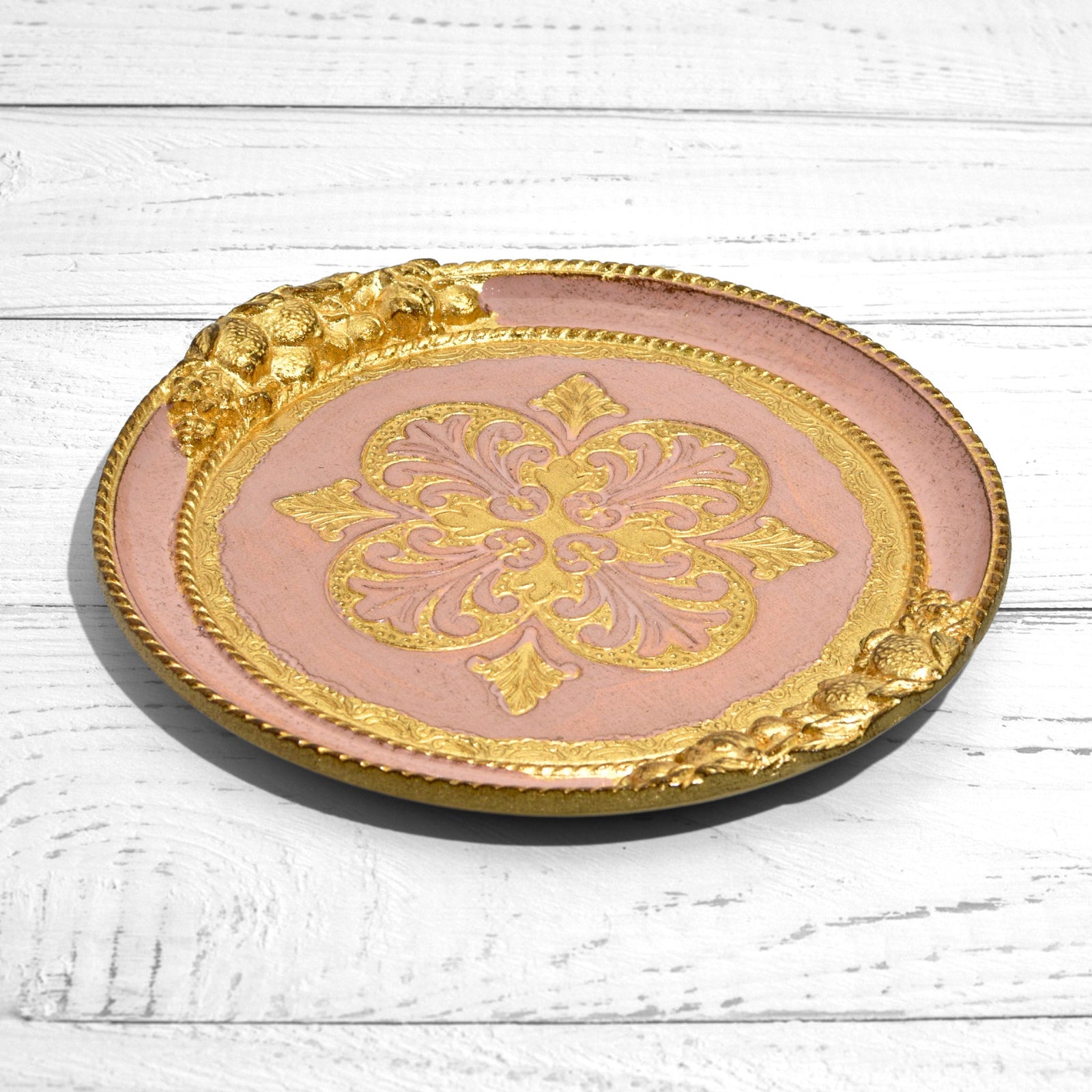 Decorative Florentine carved wood small round lemon tray by My Italian Decor, featuring detailed carved lemon design, top view.