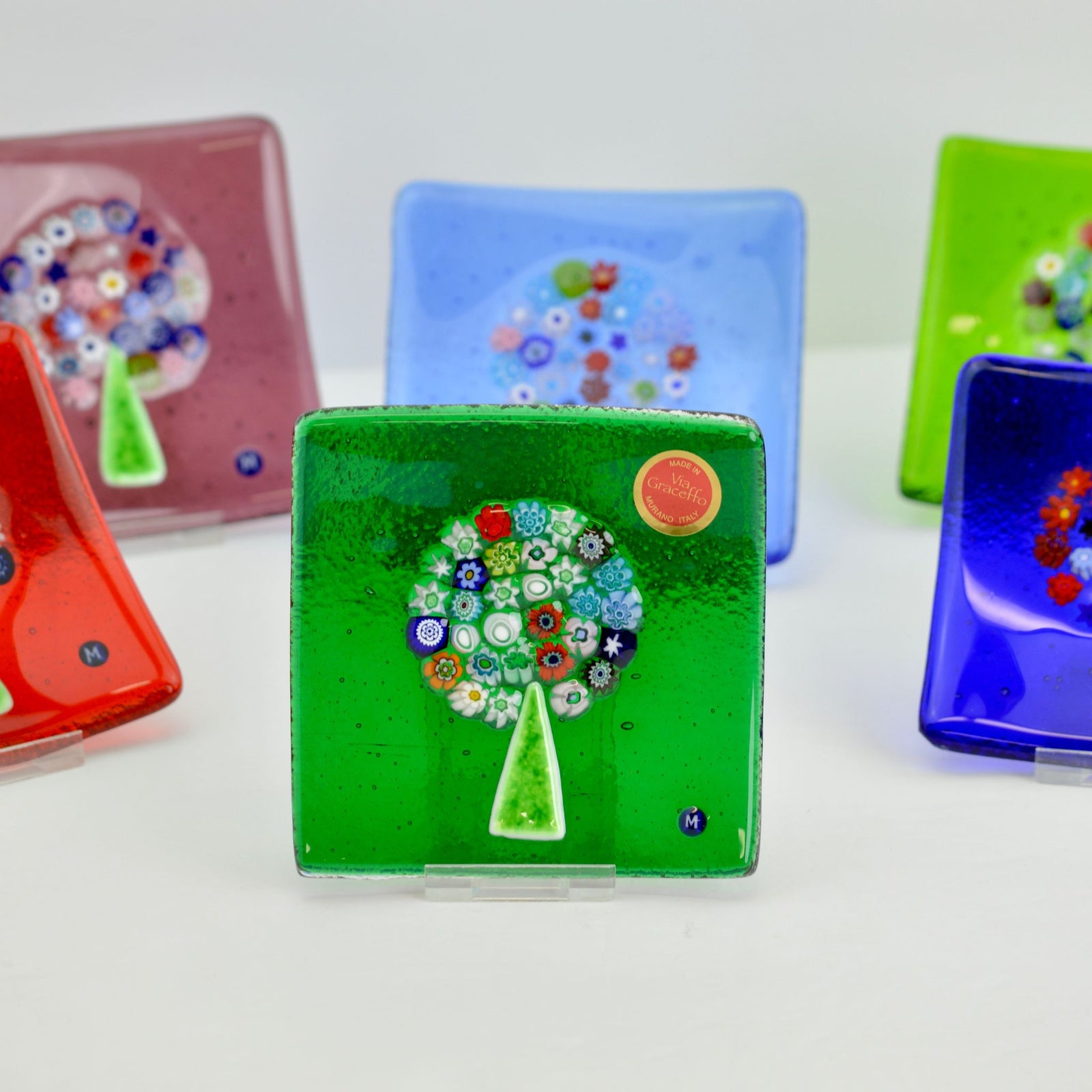 Murano Glass 4-inch flat catch-all dish featuring Millefiori Tree of Life design in cobalt blue, decorative tray by MyItalianDecor