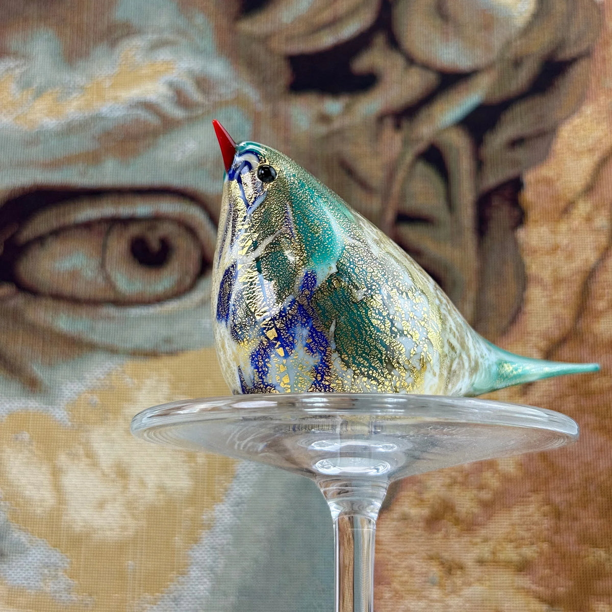 Murano blown glass Luca Blue & Green Chirpie Bird figurine by My Italian Decor, showcasing vibrant colors and detailed craftsmanship.