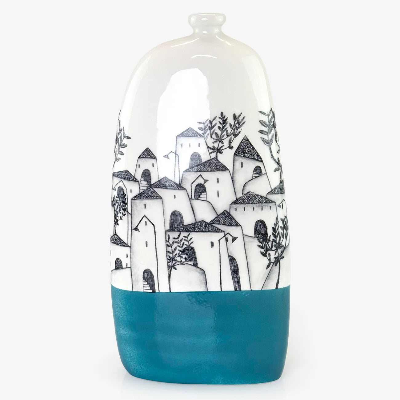 Three ceramic decorative vases with hand-painted black and white village scenes, displayed on a clean white background. The left vase has a black base, the center vase has a teal base, and the right vase has a bright yellow base.