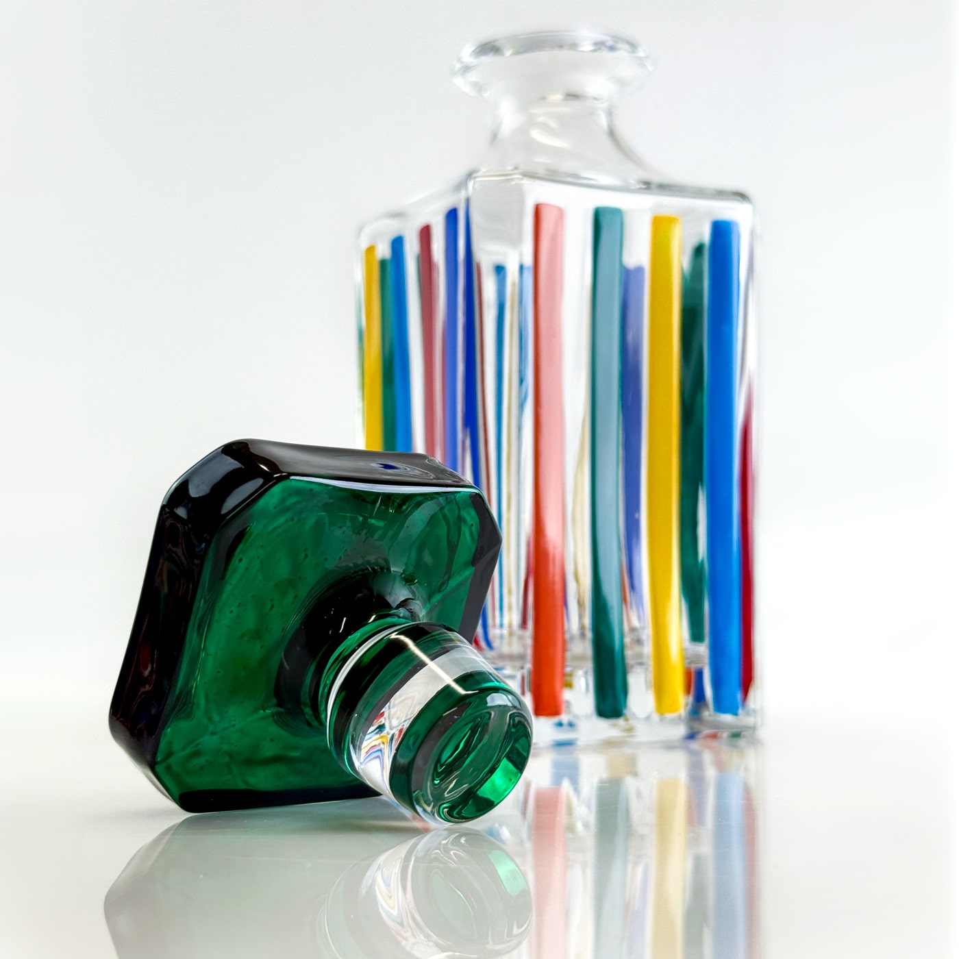 Multicolor opaque glass Italian Crystal Timeless decanter by DZ, showcasing elegant design and craftsmanship.