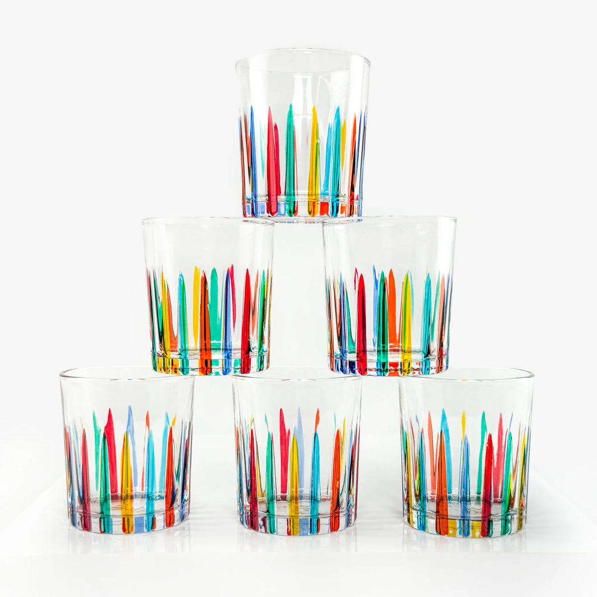 Set of six hand-painted Italian crystal shot glasses with timeless design by MyItalianDecor, showcasing intricate craftsmanship and elegant style.