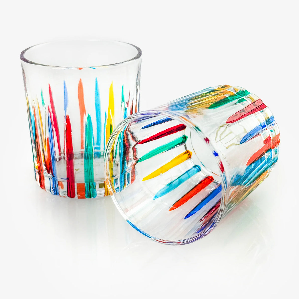 Set of six hand-painted Italian crystal shot glasses with elegant timeless design, perfect for sipping spirits.