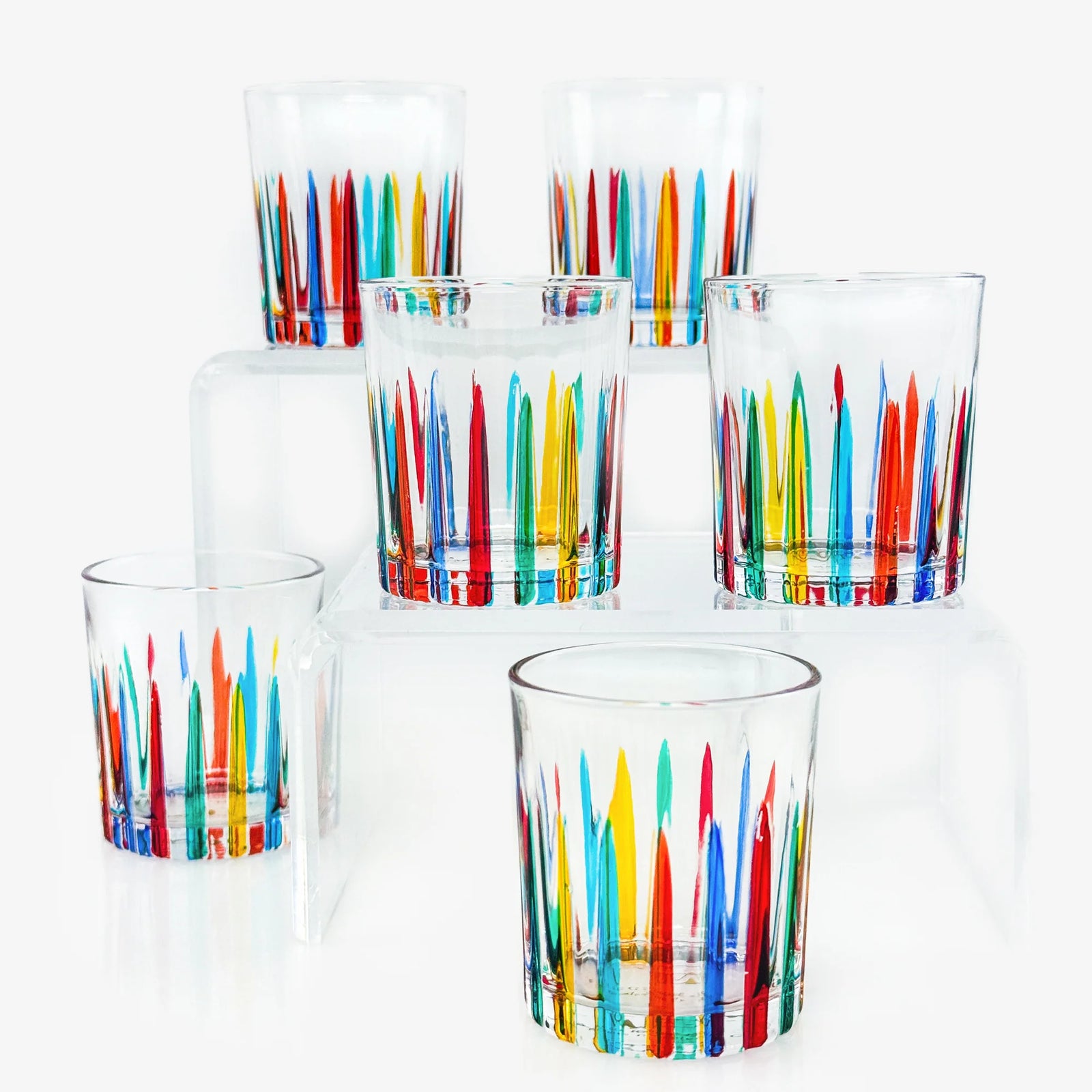 Set of six hand-painted Italian crystal shot glasses with timeless design, perfect for upscale beverage service.