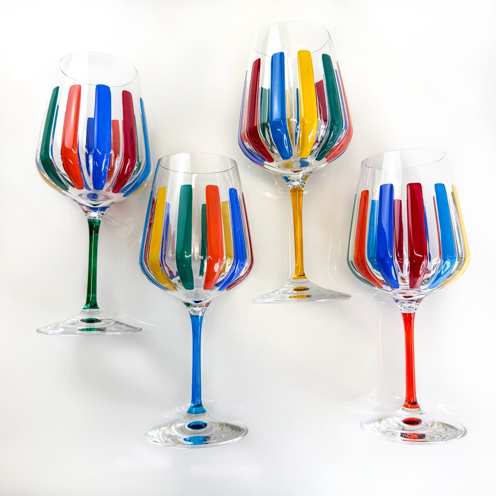 DZ Italian crystal set of 2 multicolor opaque spritz wine glasses with elegant, timeless design and vibrant color accents.