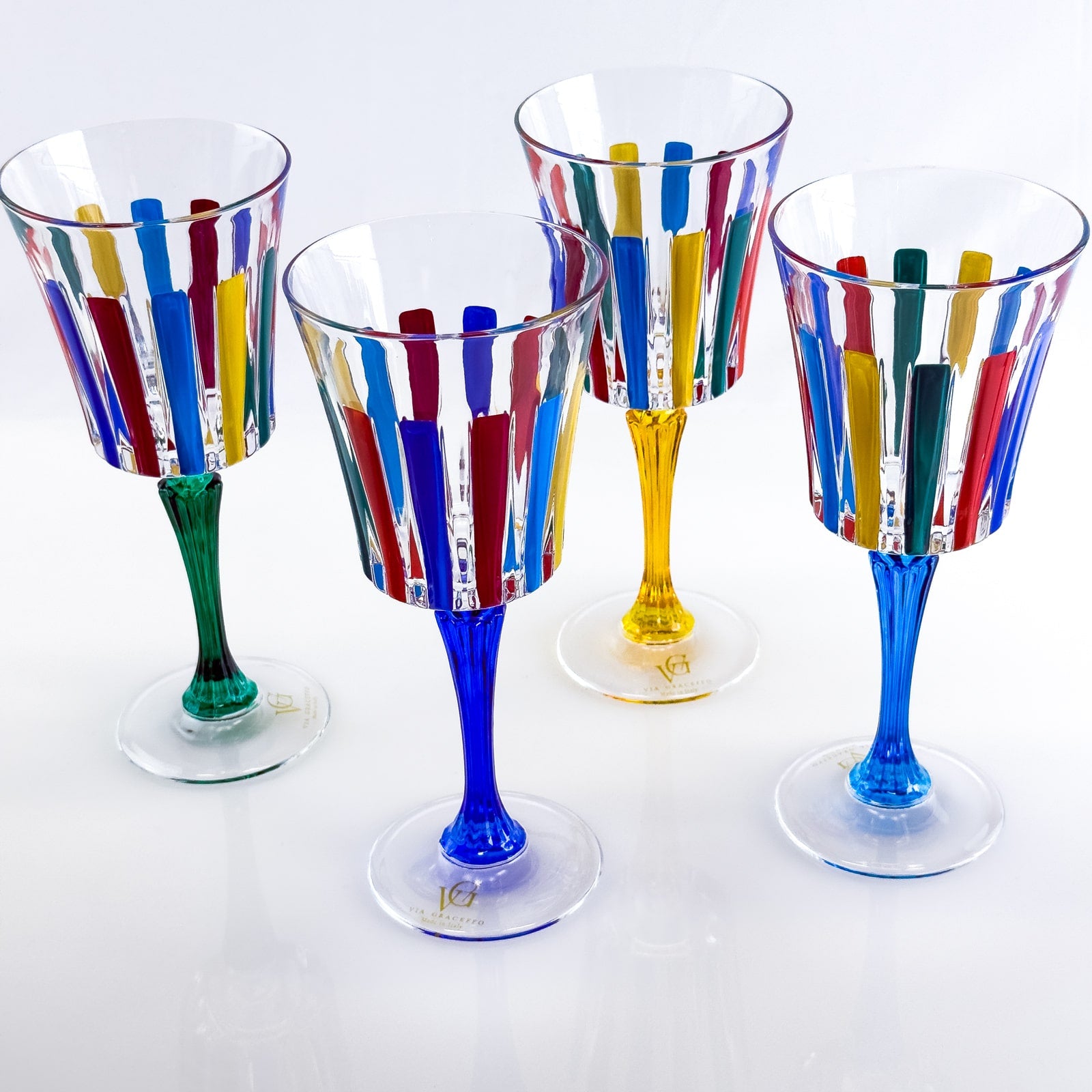 Set of 2 DZ crystal wine glasses with multicolor opaque design, showcasing elegant, timeless style for wine drinking.